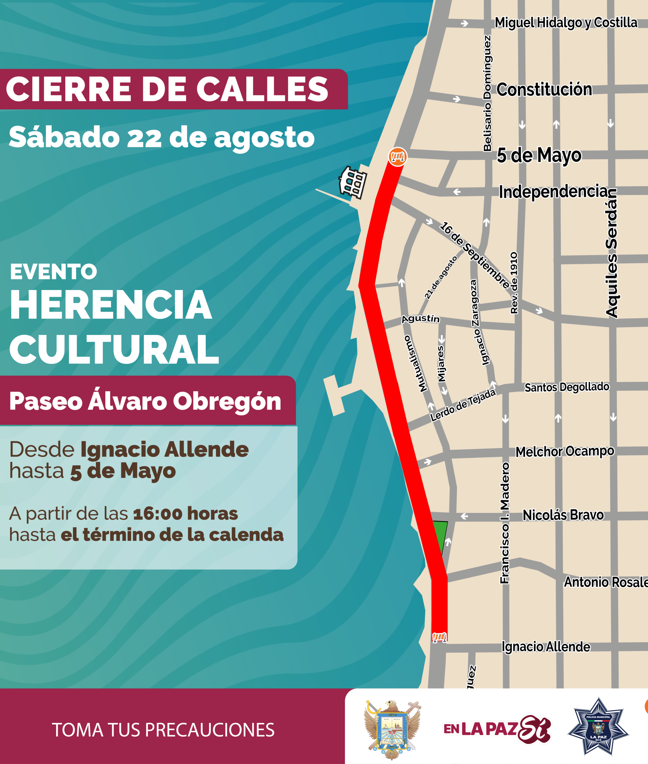 Anuncia Ayuntamiento de La Paz cierres viales este fin de semana